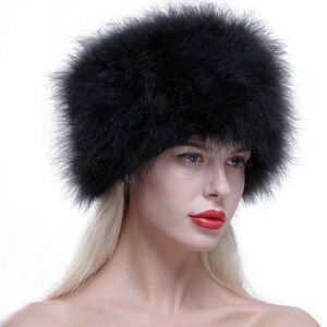 New URSFUR Women Winter Cap Genuine Ostrich Feather Pill Box Hat Black